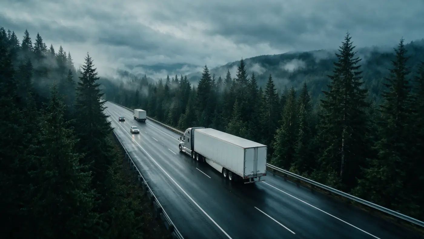 A tractor-trailer on a wet divided highway through dense evergreen mountains and low mist.