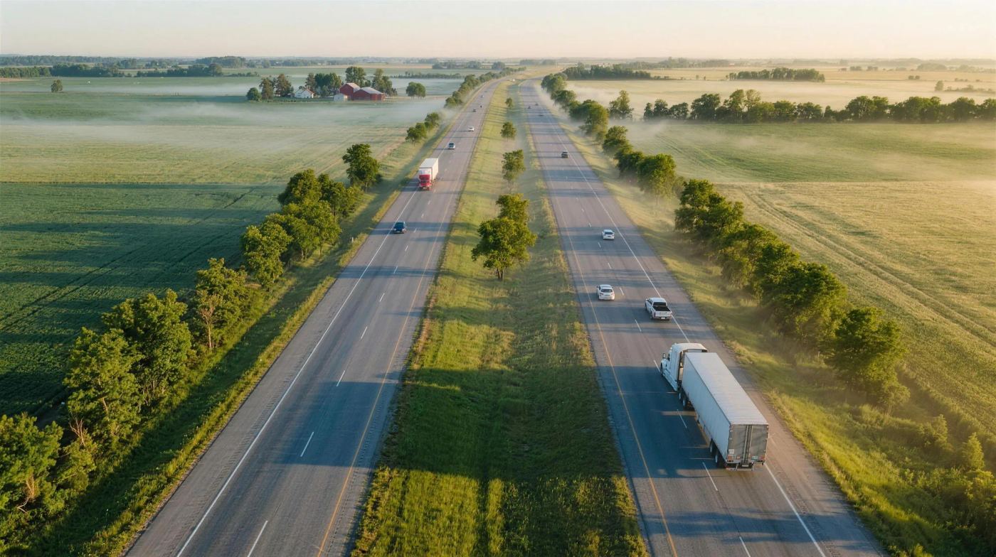 Aerial view of a divided highway through green farmland in early morning, with low mist lying in the fields.