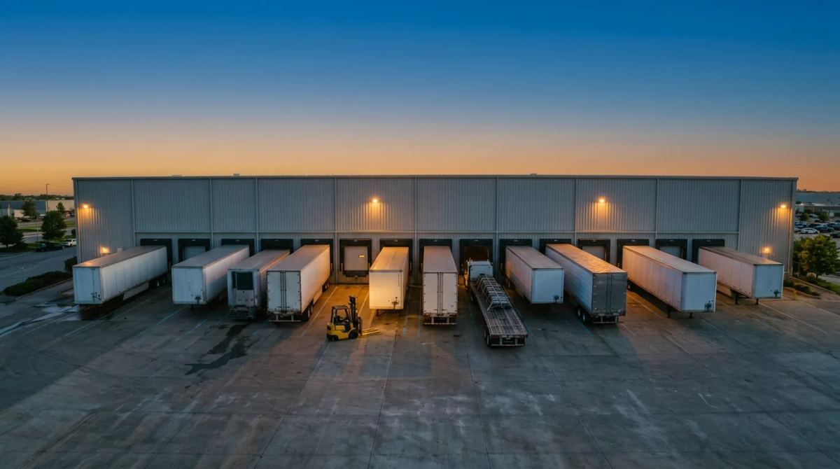 Aerial view of a warehouse dock face at dusk, with dock lights on above the loading bays.