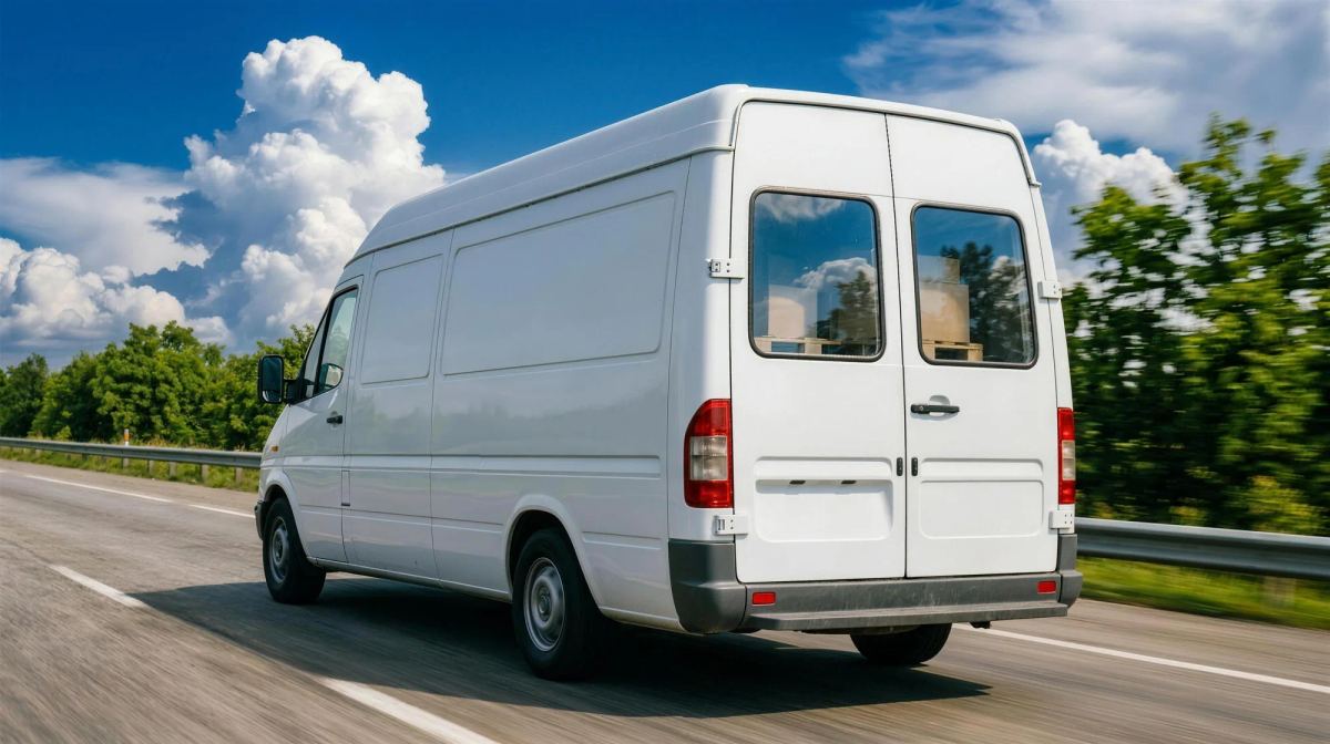 A white cargo van travelling a highway past green summer trees under a deep blue sky with towering white clouds.
