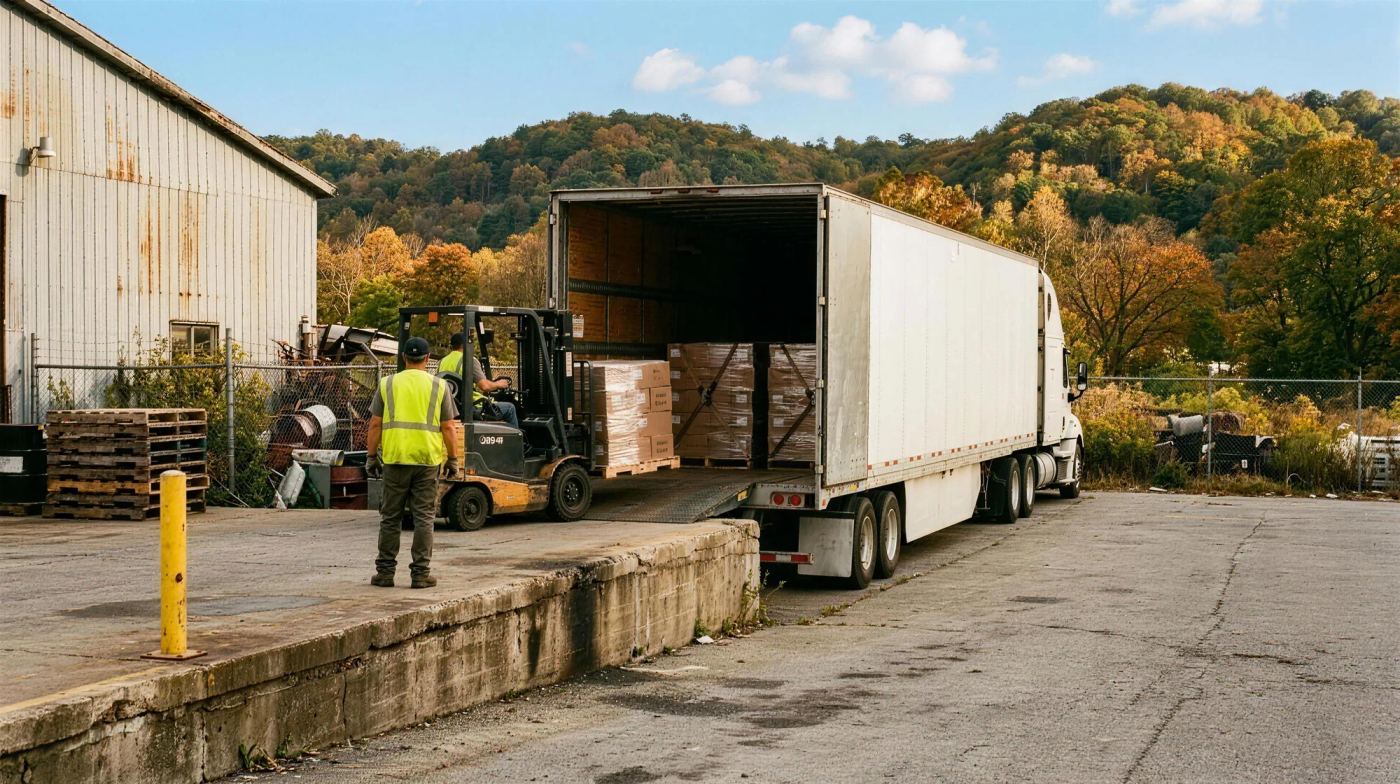 A white tractor-trailer backed to a loading dock in an autumn yard on a clear afternoon, part loaded with pallets while a forklift brings another aboard.