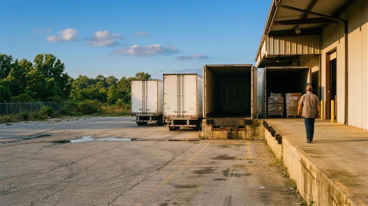 Three unbranded dry van trailers backed into a raised loading dock in late-afternoon sun, with pallets visible inside one bay.