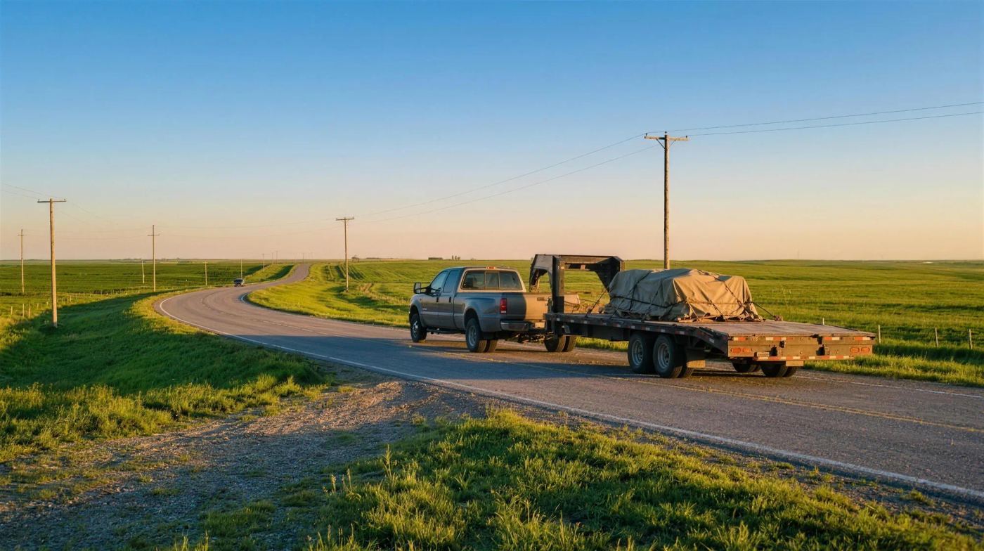 A dually pickup towing a loaded flatbed trailer along a highway through green prairie at golden hour.