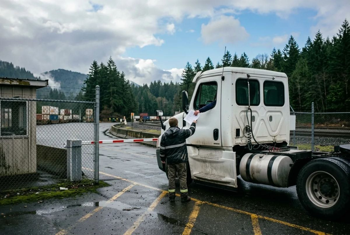A driver passing paperwork down from the cab of a tractor unit to a yard worker at a freight yard gate, as clouds break after rain.