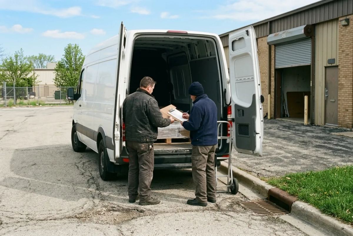A driver and a receiver signing delivery paperwork at the open rear of a sprinter van outside a commercial unit on a late-spring day.