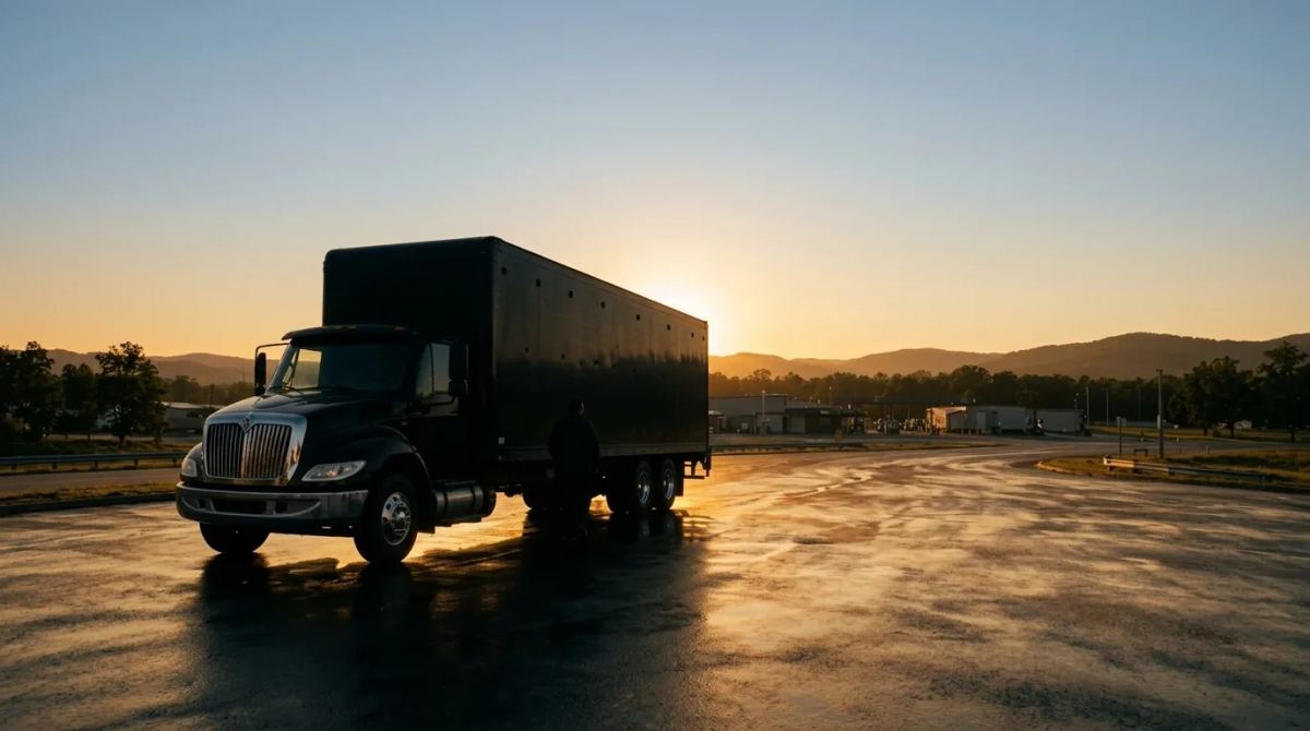 A black box truck in a wet lot at sunset, with a worker silhouetted against the low sun.