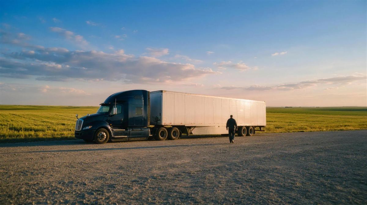 A navy tractor-trailer parked on gravel beside green summer fields at golden hour, with a worker walking beside it.