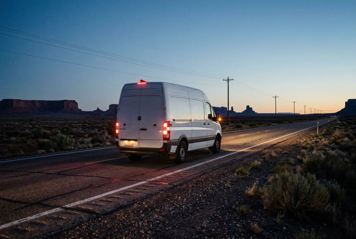 A sprinter van running an empty desert highway at dusk with its lights on, mesas silhouetted on the horizon.