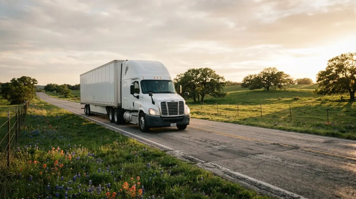 A white tractor-trailer travelling a two-lane highway through Texas hill country in spring evening light.