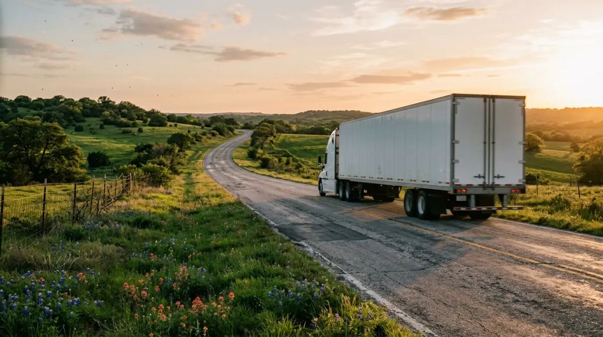 A white tractor-trailer heading away along a curving hill country highway at sunset, wildflowers along the verge.