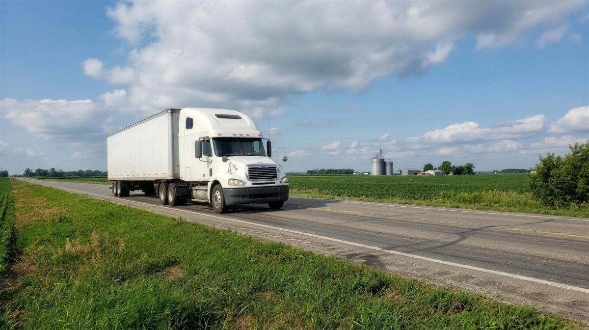 A white tractor-trailer on a rural highway past green summer fields and grain silos under a blue sky with scattered clouds.