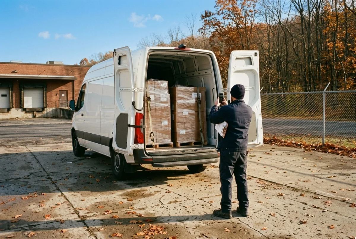 A driver photographing a loaded sprinter van on his phone on a clear autumn day, paperwork tucked under his arm.